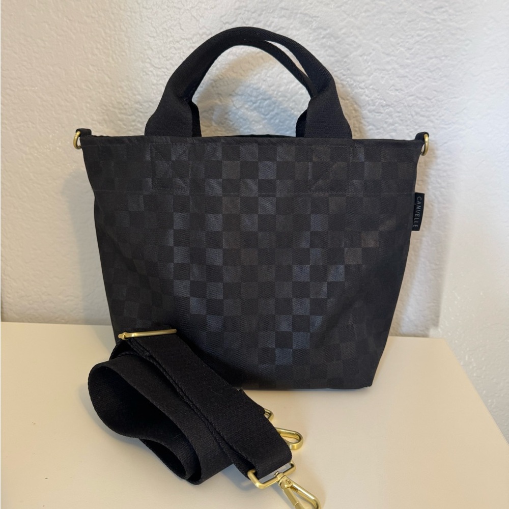 Black Checkered Tote Bag with Detachable Strap